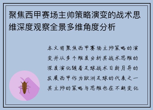 聚焦西甲赛场主帅策略演变的战术思维深度观察全景多维角度分析